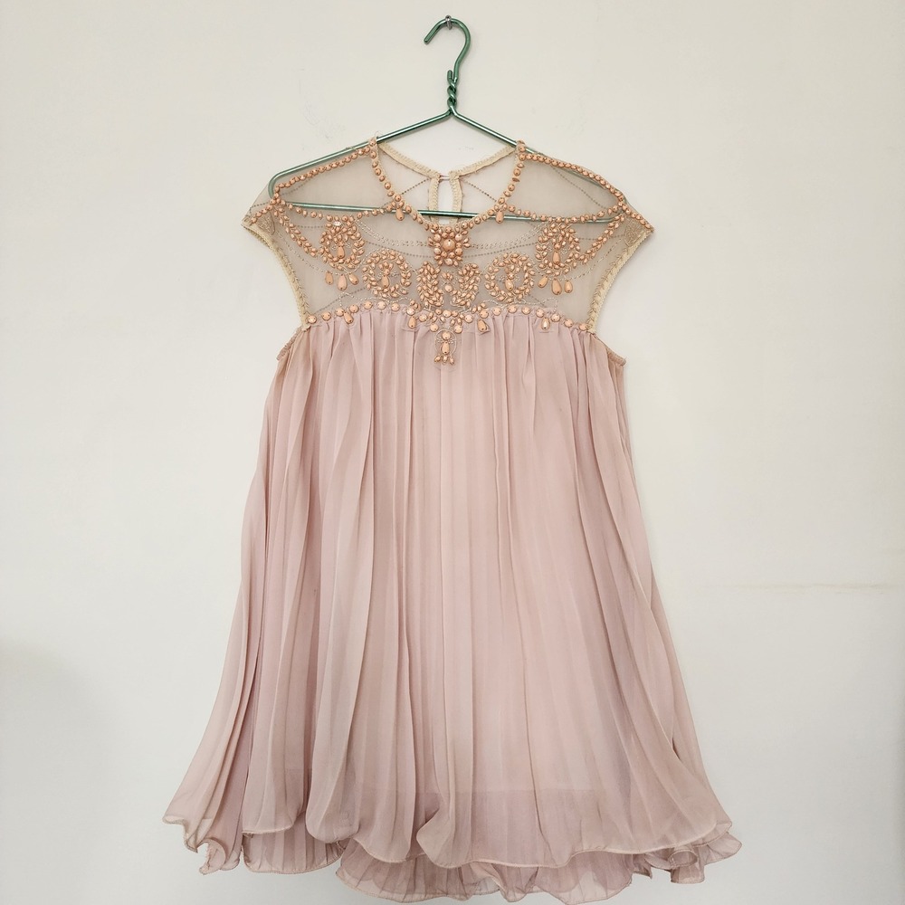 NOMM Blush Pink Beaded Mesh Yoke Pleated Mini Dress Romantic Cocktail Dress Prom